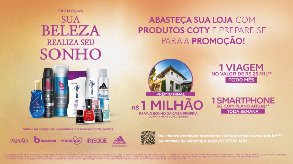 magem promocional da promoo "Sua Beleza Realiza Seu Sonho" do grupo Coty Brasil, apresentando os produtos participantes em destaque.