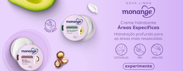 A imagem mostra os produtos da nova linha Monange reas Especficas, em um fundo roxo com abacate, macadmia e um pouco do hidratante espalhados.