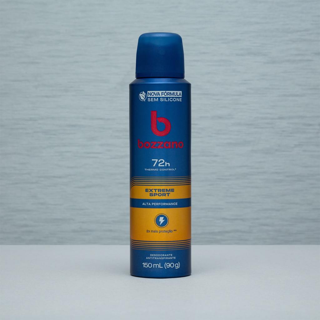 Frasco azul e amarelo do desodorante Bozzano Extreme Sport