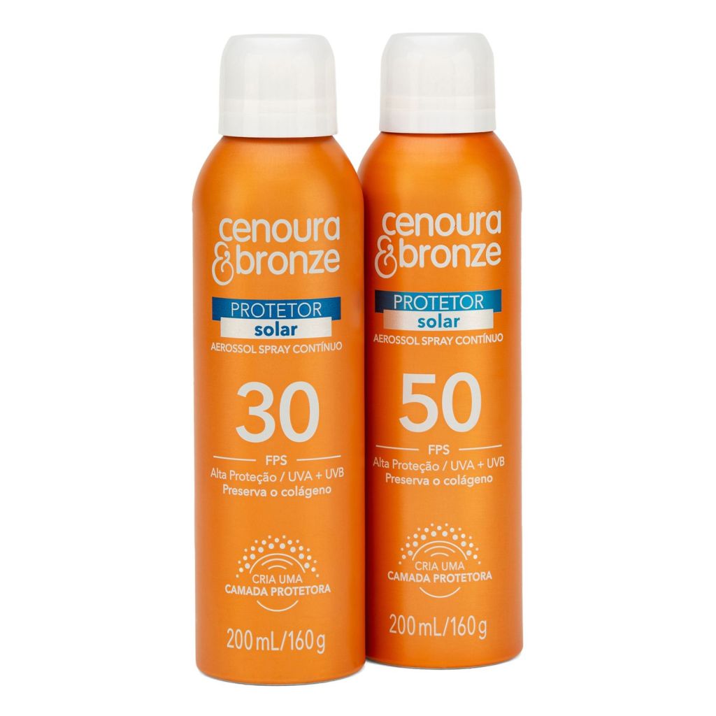 Dois frascos laranjas de protetores solares em aerossol Cenoura&Bronze. Na imagem, aparecem as verses de 30 e 50 FPS.