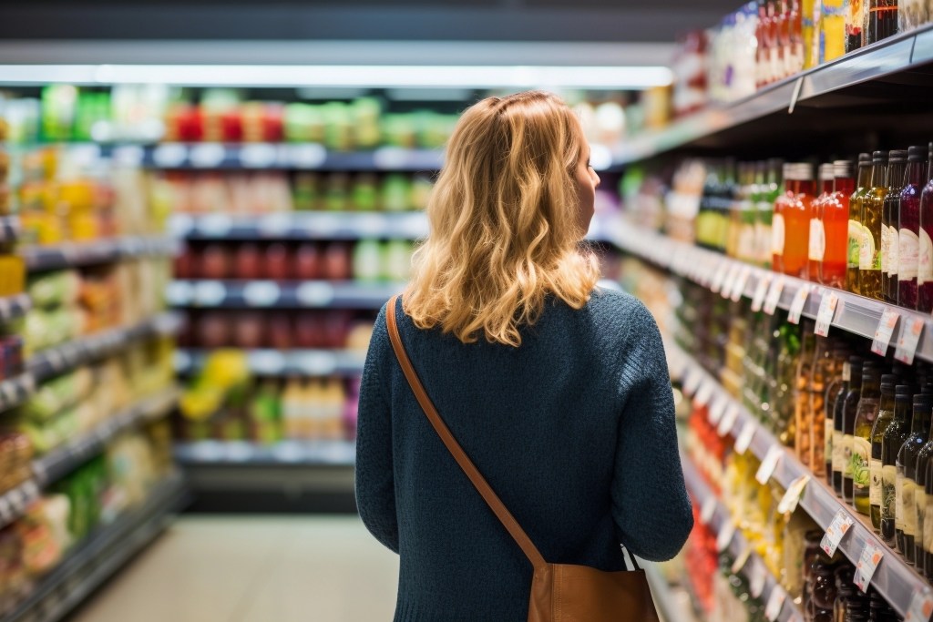 Mulher de costas, andando no corredor de um supermercado, olhando para uma das prateleiras.