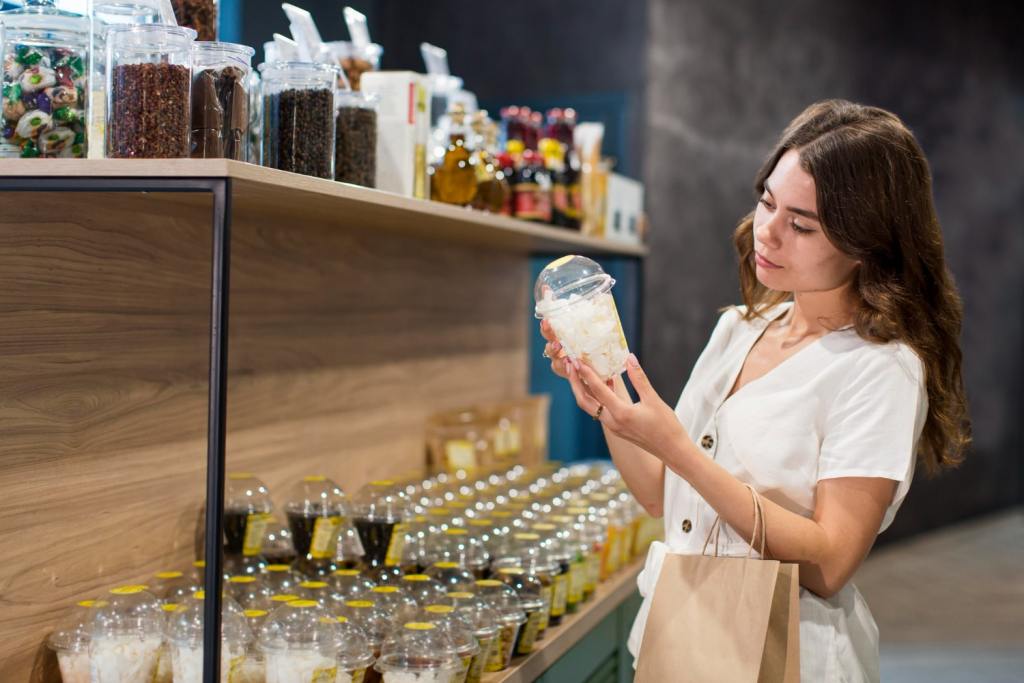 Uma mulher branca, em frente a uma prateleira de produtos alimentcios, segurando um copo de plstico tampado, com frutas picadas em seu interior.