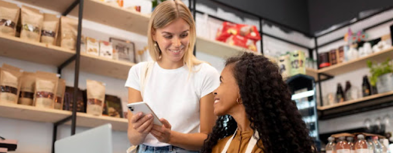 Duas mulheres esto em uma loja, uma sorri enquanto segura a mercadoria em frente a um notebook, e a outra est com o celular em mos. Ao fundo, existe um estoque cheio e com produtos variados, ilustrando os diferentes tipos de varejo.