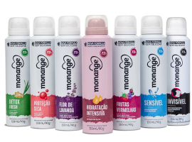 Sete desodorantes Monange com cores de embalagens diferentes representando as diversas linhas do produto